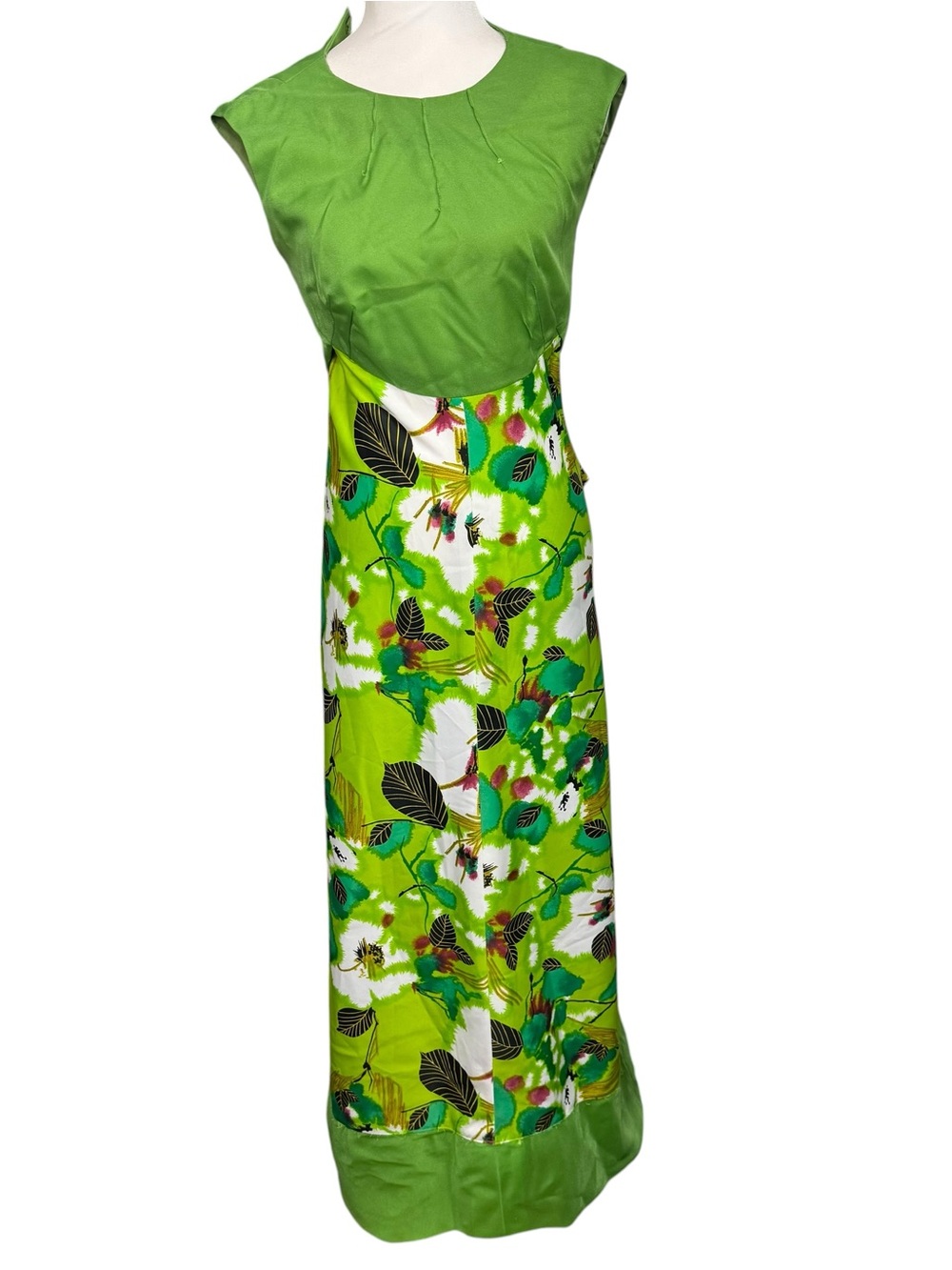 VTG 70's Handmade Maxi Dress Vibrant Green Botanical Print Back Waist Bow Sz 4
